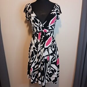 Sushi Flower Dress Black White Pink Abstract Print‎ V Neck Short Sleeve Women XL